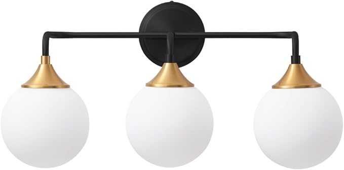 Bathroom Light Fixtures, Black Gold Bathroom Vanity Lights Over Mirror, Modern Farmhouse Wall Sconce Lighting 3-Light with Milk White Glass Ball Shades
