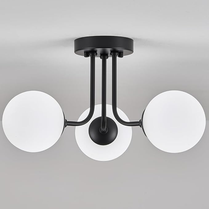 Modern Semi Flush Mount Ceiling Light,Black White Glass Shade Semi Ceiling Light 3-Light,Sputnik Chandeliers for Bedroom Hallway Dining Room Lighting Fixture, HL-23072702