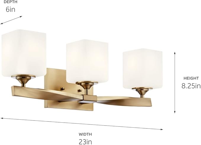 Kichler Marette 23" 3-Light Bathroom Vanity Light Fixture with Satin Etched Cased Opal Glass in Champagne Bronze for Bathroom and Powder Room (23" x 8.25" x 6"), 55002CPZ