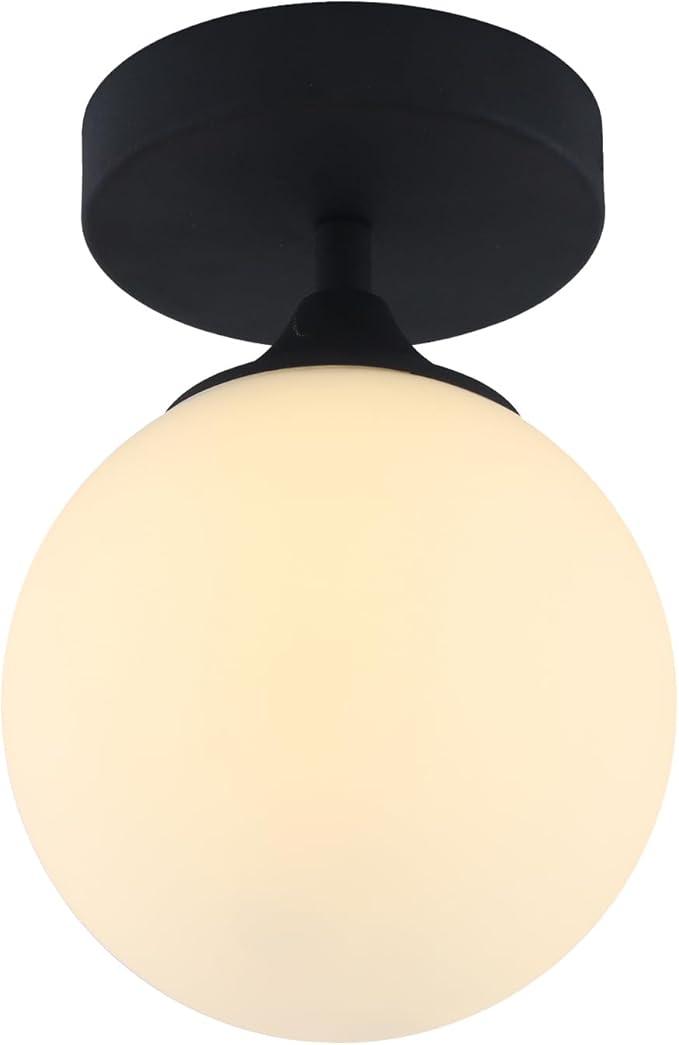 KCO Lighting Mid Century Modern Semi Flush Mount Ceiling Light Fixture White Globe Flush Mount Ceiling Light Farmhouse Black Ceiling Light Milk Glass Hallway Close to Ceiling Light