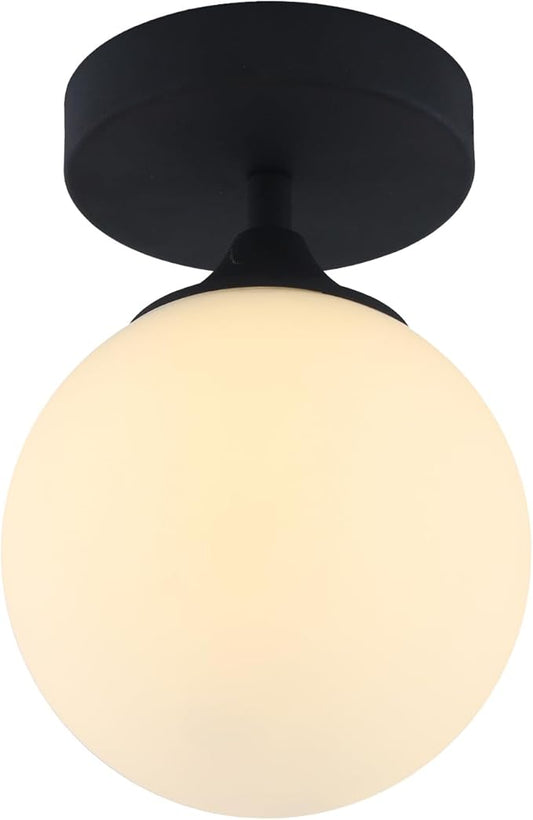 KCO Lighting Mid Century Modern Semi Flush Mount Ceiling Light Fixture White Globe Flush Mount Ceiling Light Farmhouse Black Ceiling Light Milk Glass Hallway Close to Ceiling Light