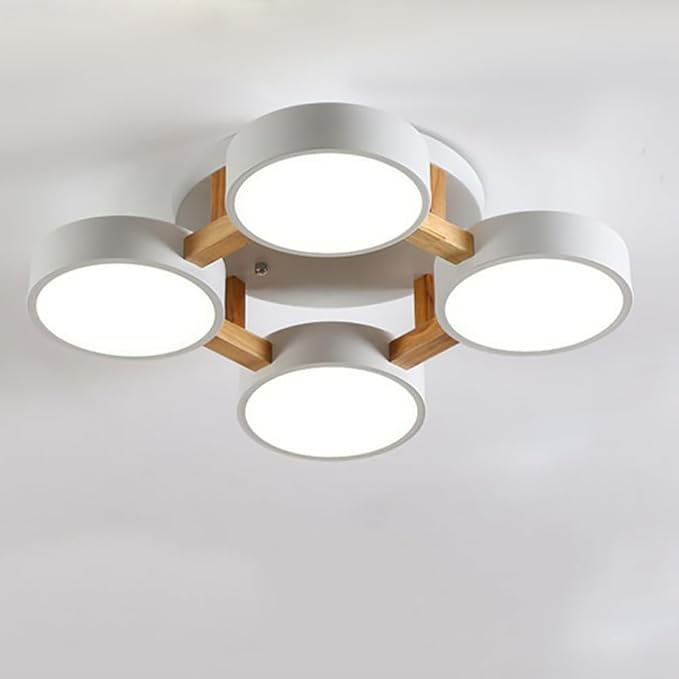 LED Ceiling Light Fixture,20 Inch 4-Lights Modern Ceiling Lights Flush Mount Wooden 44W Chandelier for Living Room Bedroom Kitchen,Dimmable 3000K/4000K/6000K Temperatures Selectable, White