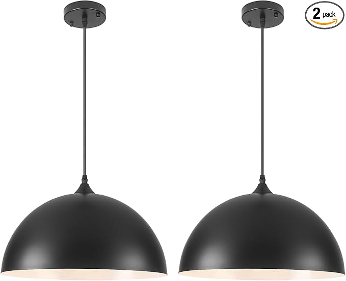 Large Pendant Lights Kitchen Island, 16 Inch Black and White Dome Pendant Light, Black Farmhouse Pendant Light, Large Industrial Pendant Lights for Kitchen Island, Dining Room, Cafe, 2 Pack