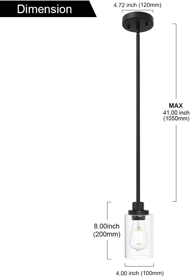 TODOLUZ Black Industrial Pendant Light Fixtures, Kitchen Hanging Lighting with Clear Glass Cylinder Shade for Farmhouse Dining Room Coffee Bar Bedroom