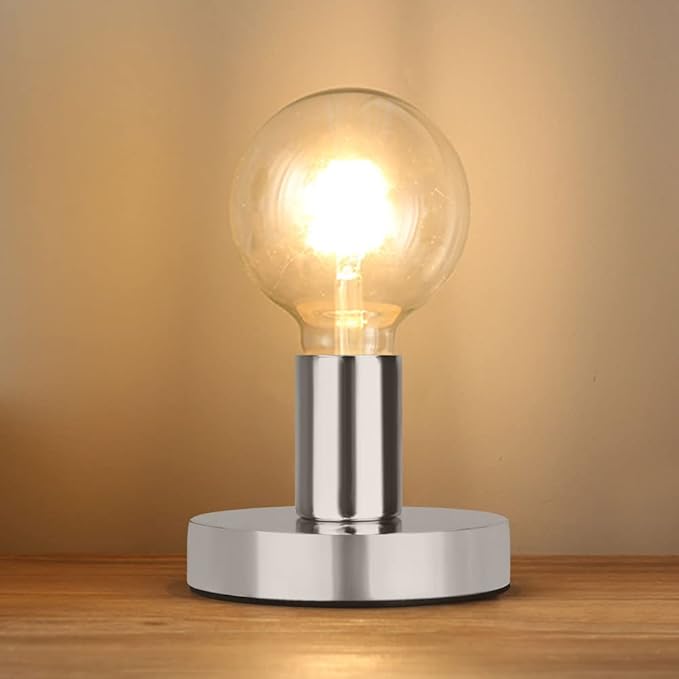 Helunsi Industrial Table Lamp Base, Silver E26 E27 Lamp Base Without Shade, Mini Short Desk Lamp Exposed Bulb Base, Simple Metal Edison Light Bulb Stand, with 5.8ft Cord Switch Plug Bulb Base Holder
