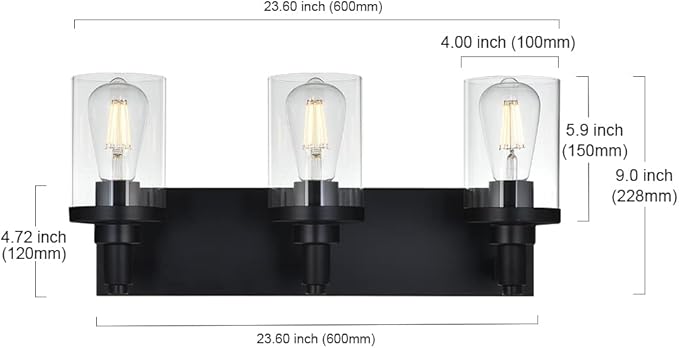 Modern Vanity Lighting,3 Light Matte Black Bathroom Light, Vintage Wall Sconces Lighting with Clear Class Shade Industrial Bath Wall Mounted Lights for Mirror, Living Room, Bedroom Hallway