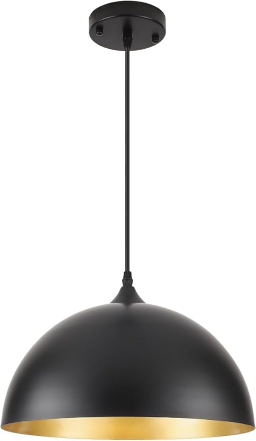 14 Inch Black Dome Pendant Lights, Large Pendant Light Kitchen Island 1 Pack, Black and Gold Island Pendant Light, Kitchen Pendant Lights for Dining Room, Living Room