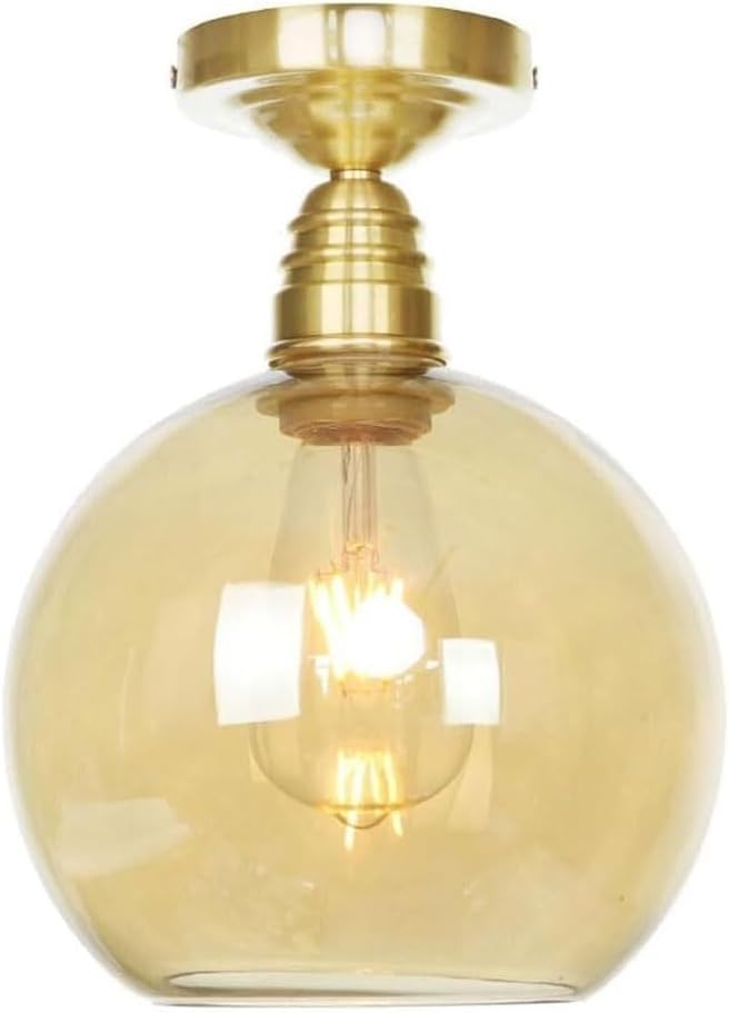 Modern Brass Semi-Flush Mount Ceiling Light, 1-Light Glass Shade Ceiling Lighting, Minimalist Home Kitchen Close to Ceiling Lamp，Nordic Bedroom Entryway Ceiling Light Fixture(Cognac,25CM)
