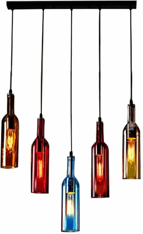 5-Head Colorful Beer Bottle Chandelier, Industrial Ceiling Light Vintage Pendant Lamp, Wine Glass Bottle Chandelier Pendant Lighting Fixture Hanging Lamp Height Adjustable, E27 Lamp Holder