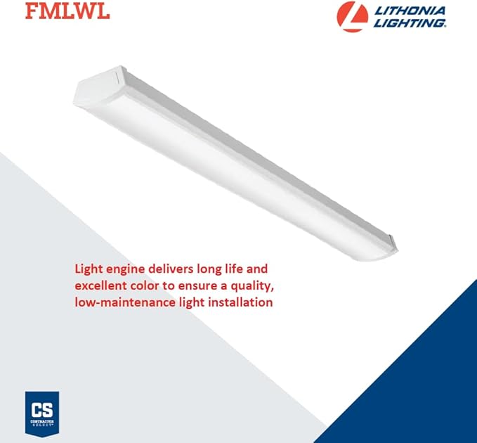 Lithonia Lighting 4 Foot LED Light Fixture, Low-Profile LED Wraparound Flush Mount Ceiling Light, 4000K Cool White, 120V, 48-Inch (FMLWL 48 840)