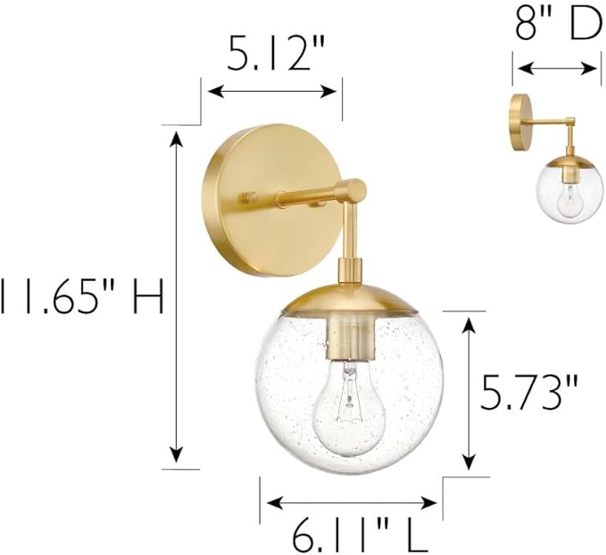 Design House Gracelyn 1-Light Dimmable Wall Sconce, Clear Seedy Glass Globe, Satin Gold, 588871-SG
