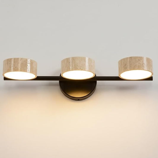 LED Mirror Light with 3 Travertine Stone Shades, Bathroom Vanity Light Fixture, 360° Rotatable Stone Lampshades, Modern Rustic Wall Lamp for Bedroom, Living Room, Hallway (Black-Metal)