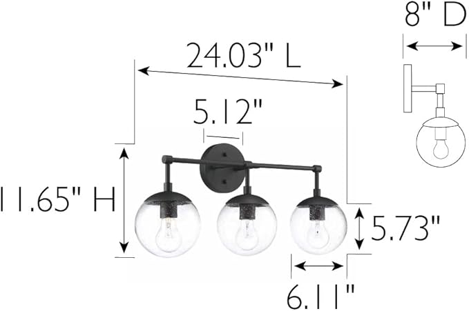 Design House Gracelyn Matte Black 3-Light Bathroom Vanity Light, Clear Seedy Glass Globes, Dimmable, 24 in. W, 588889-BLK