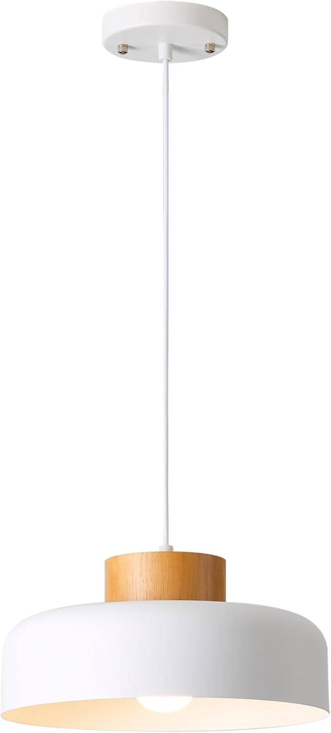 Modern Pendant Light with Real Wood Cap - 12.6” White Hanging Light Fixture for Kitchen Island, Dining Room Table - Adjustable Height Ceiling Light with E26 Socket - Scandinavian Style
