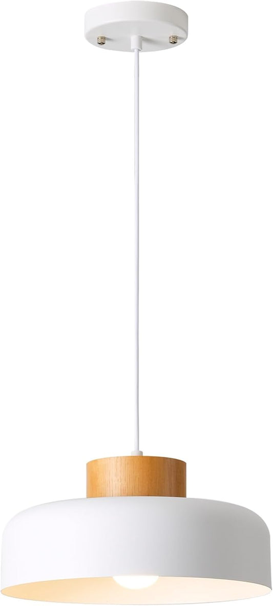 Modern Pendant Light with Real Wood Cap - 12.6” White Hanging Light Fixture for Kitchen Island, Dining Room Table - Adjustable Height Ceiling Light with E26 Socket - Scandinavian Style