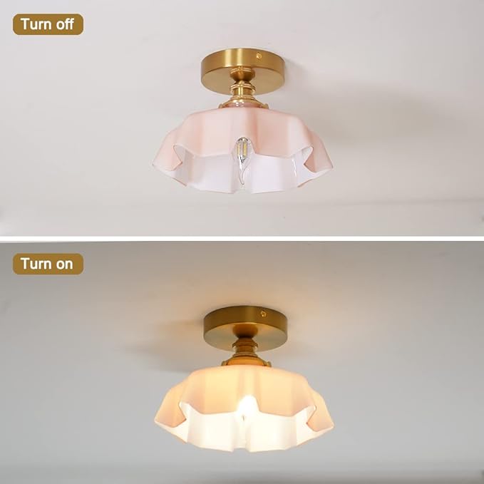 9.4in Vintage Pink Flush Mount Ceiling Light Fixture - Brass Semi Flush Mount Lighting with Flower Glass Shade for Closet, Small Rooms - Compact Indoor Light for Hallway Entryway Porch, Bulb Not