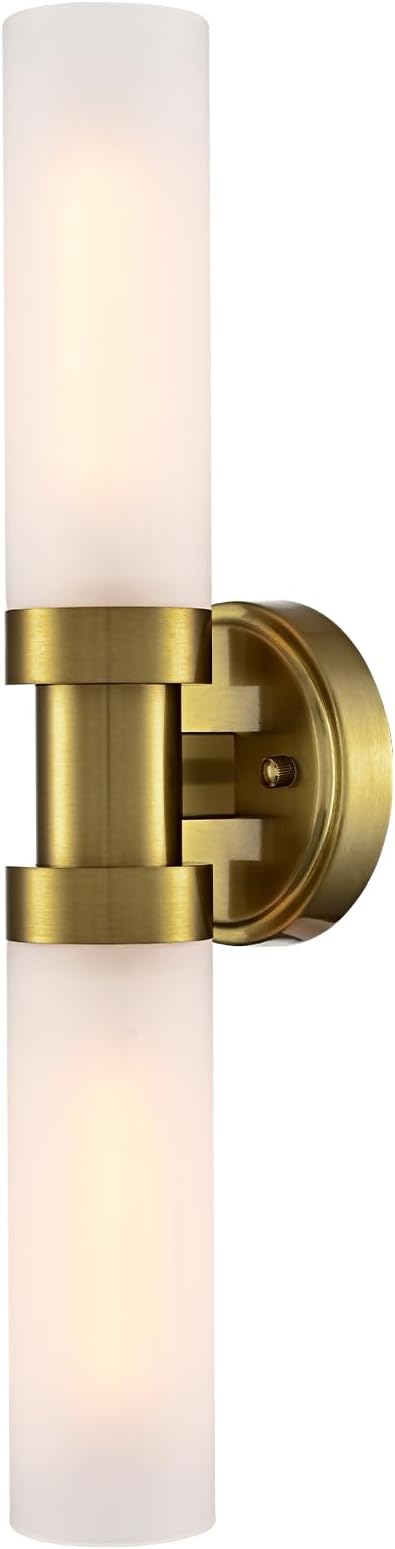 Modern Gold 2-Light Wall Sconce with Frosted Glass Shade 20-Inch Cylinder Bathroom Light Fixtures Brass Glass Sconces Wall Lighting for Living Room Bedroom