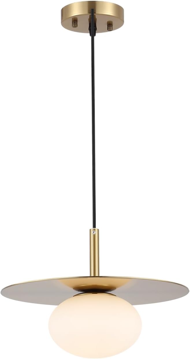 BYOLIIMA Modern Globe Pendant Lighting Milky White Glass Shade Brass Gold Farmhouse Pendant Light 11.81" Dome Industrial Mid Century Hanging Ceiling Light Fixture Kitchen Island Dinning Room Bedroom