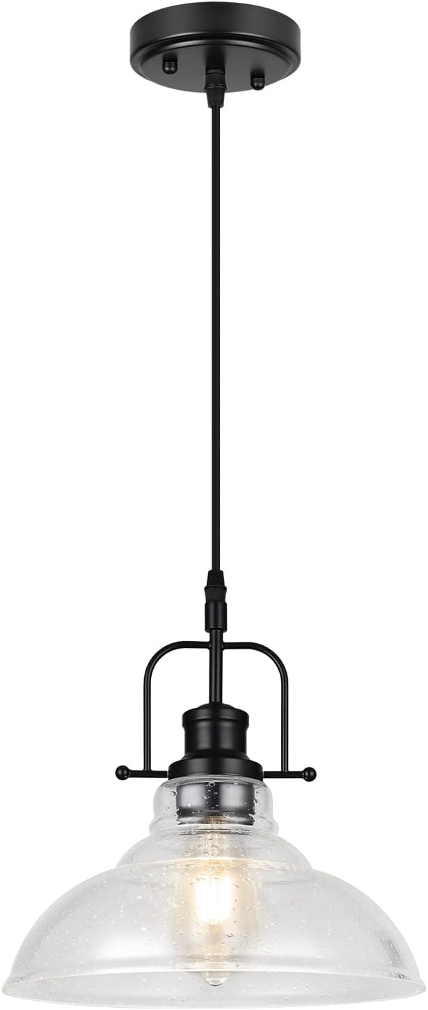 WILON Seeded Glass Pendant Lights Kitchen Island Lighting, Black Modern Farmhouse Pendant Light Fixture with E26 Base, Vintage Hanging Ceiling Lamp for Kitchen Sink Hallway Dining Room Entry Hall