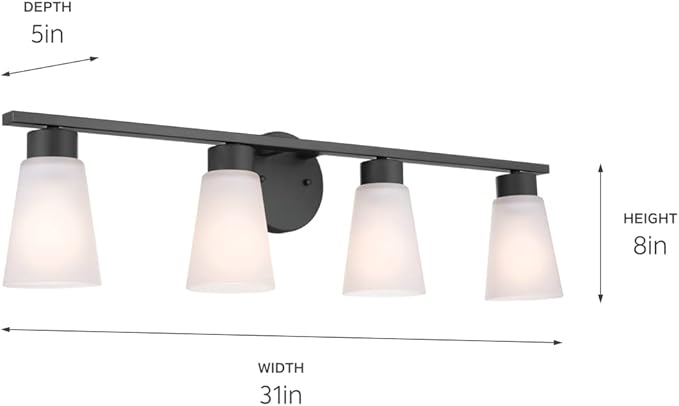 Kichler Stamos 4-Light Bathroom Vanity Light Fixture with Satin Etched Glass Shades, 26 in Modern Wall Light in Black for over Mirror (26 in x 8 in x 5 in), 52608BK