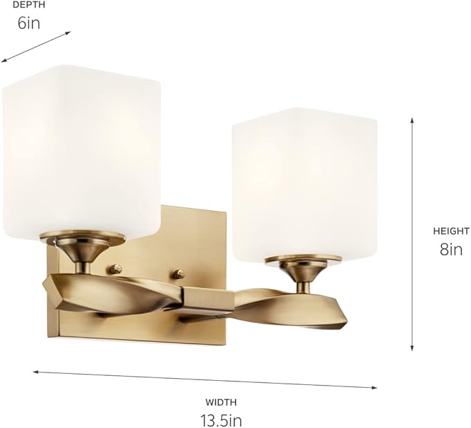 Kichler Marette 13.5 inch 2 Light Vanity Light with Satin Etched Cased Opal Glass in a Rich Champagne Bronze, for Bathroom and Powder Rooms, (13.5" W x 8" H), 55001CPZ