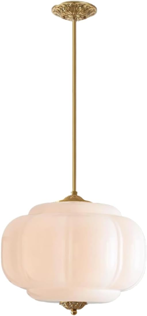 Opal Glass Pendant Light Vintage Schoolhouse Lighting Easy Change Bulb White Milk Glass Chandelier Traditional Gold Semi Flush Mount Ceiling Light for Bedroom Kitchen Dining Room