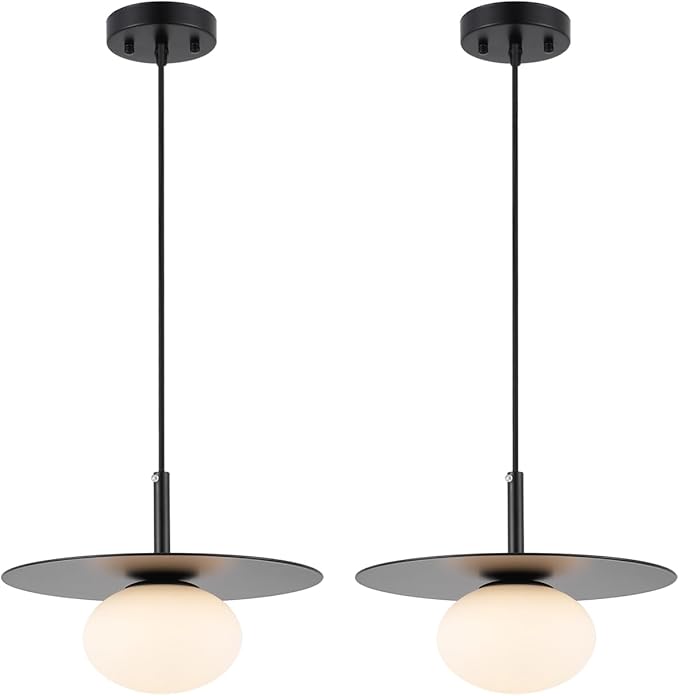 BYOLIIMA Modern Globe Pendant Lighting Set of 2 Milky White Glass Shade Matte Black Farmhouse Pendant Light 11.81" Dome Industrial Hanging Ceiling Light Fixture Kitchen Island Dinning Room Bedroom
