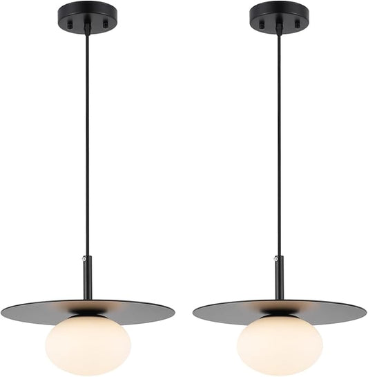 BYOLIIMA Modern Globe Pendant Lighting Set of 2 Milky White Glass Shade Matte Black Farmhouse Pendant Light 11.81" Dome Industrial Hanging Ceiling Light Fixture Kitchen Island Dinning Room Bedroom