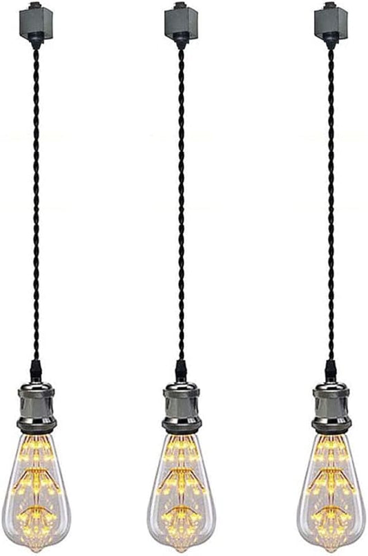 Kiven 3-Light H-Type Wire Track Light Pendants, 59 Inch Cord Length Black Weave Rope, Restaurant Chandelier Decorative Pendant Light Industrial Factory Pendant Lamp 3 Pack,Bulb Not Included（Black）