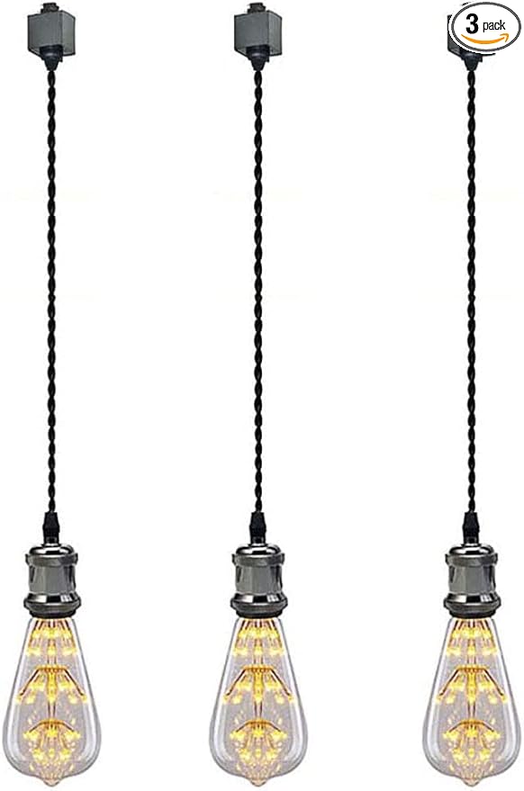 Kiven 3-Light H-Type Wire Track Light Pendants, 48 Inch Cord Length Black Weave Rope, Restaurant Chandelier Decorative Pendant Light Industrial Factory Pendant Lamp 3 Pack,Bulb Not Included（Black）