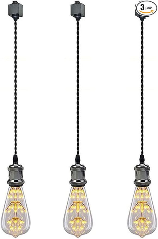 Kiven 3-Light H-Type Wire Track Light Pendants, 48 Inch Cord Length Black Weave Rope, Restaurant Chandelier Decorative Pendant Light Industrial Factory Pendant Lamp 3 Pack,Bulb Not Included（Black）