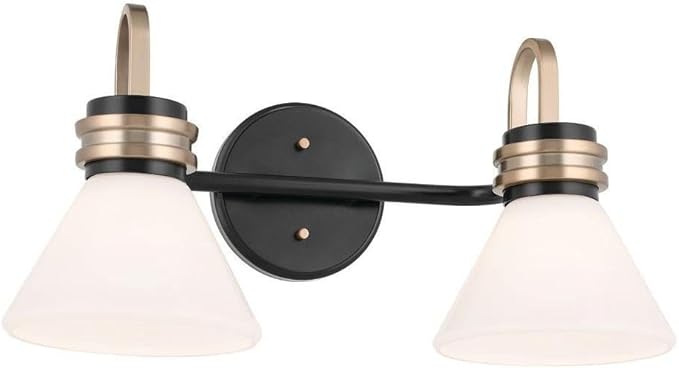 Kichler Farum 2-Light Bathroom Vanity Light Fixture with Opal Glass in Black with Champagne Bronze Accents, Modern Damp Rated for Over Mirror (19.25" x 9.5" x 9.5"), 55154BK