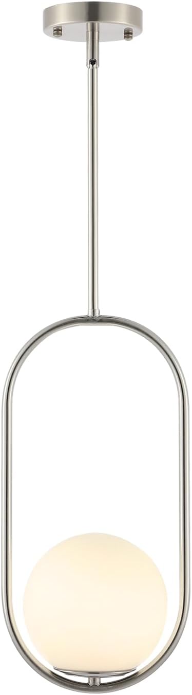 BYOLIIMA Modern Globe Pendant Light Brushed Nickel Chandelier 1-Light Mid Century Ceiling Hanging Lighting Fixture White Globe Glass Shades for Kitchen Island Dining Room Bedroom