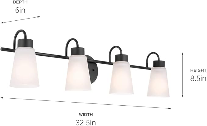 Kichler Erma 4-Light Bathroom Vanity Light Fixture with Satin Etched Glass Shades, Updated Traditional Wall Mount Lighting in Black for Mirror Above Vanity (32.5" x 8.5"), 55127BK