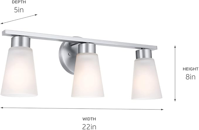 Kichler Stamos 3-Light Bathroom Vanity Light Fixture with Satin Etched Glass Shades, 22 in Modern Wall Mount Light in Brushed Nickel for over Mirror (22 in x 5 in x 8 in), 55121NI