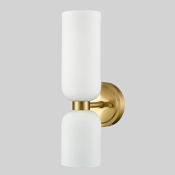 DEYNITE Gold Wall Sconces Set of Two 2-Light Modern Wall Light 3.93"(W)*14.2"(H) Bathroom Vanity Light Milky White Glass
