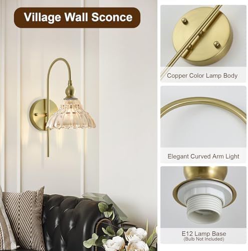 Vintage Wall Sconces with Amber Flower Glass Lampshade, Indoor Bath-Room Wall Sconce, Modern Gold Industrial Lighting Fixture for Mirror Living Room Hallway 2 Pack