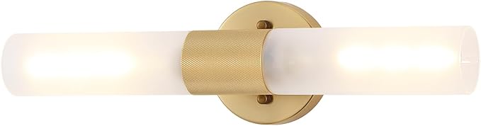 BYOLIIMA Gold Knurled Texture Wall Sconce Frosted Glass Shade Modern Bathroom Vanity Light Fixtures 2-Lights Mid Century Wall Light for Mirror Living Room Hallway E26 T10 Bulbs(Excluded)
