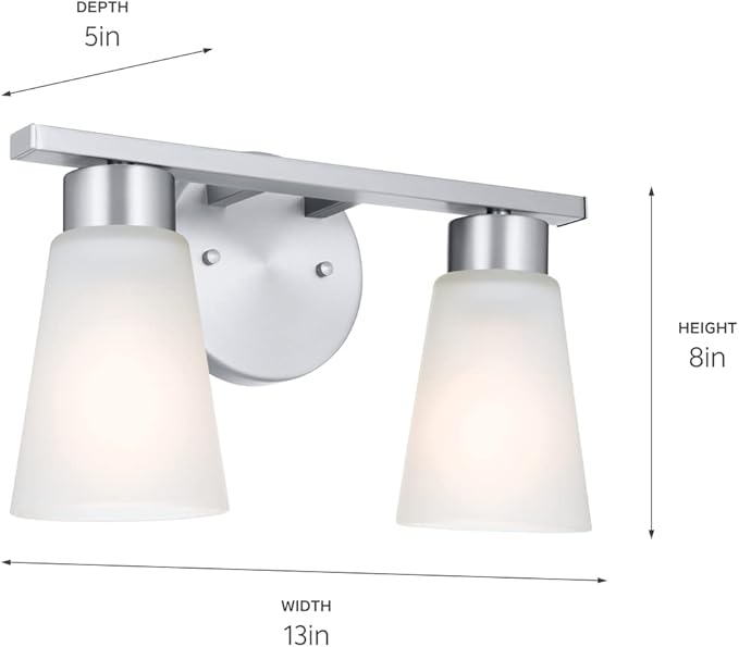 Kichler Stamos 2-Light Bathroom Vanity Light Fixture with Satin Etched Glass Shades, Modern Wall Mount in Brushed Nickel for Mirror Lighting (13 x 8 x 5 in), 45887NI
