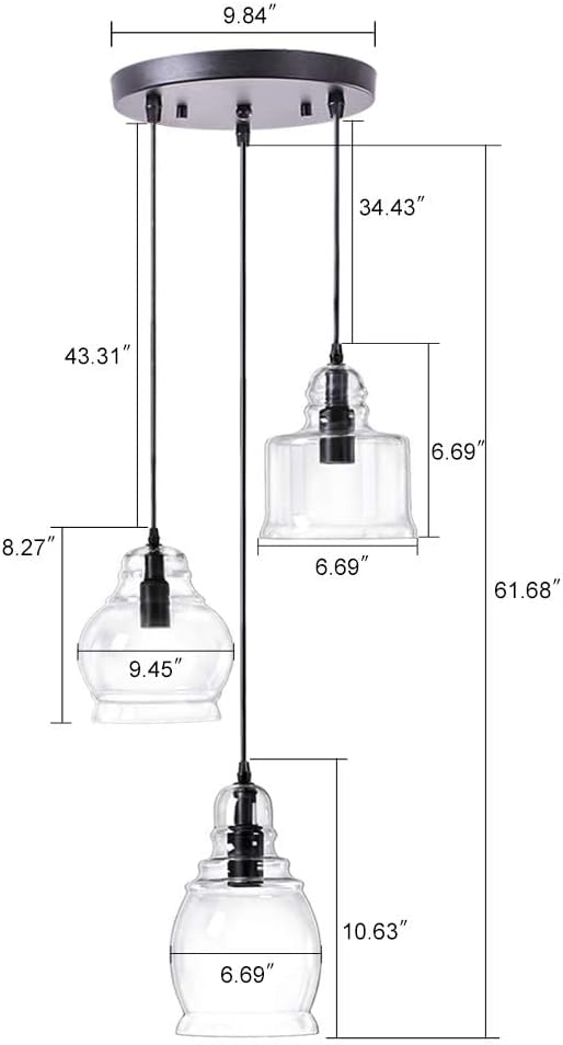 Wellmet Glass Pendant Light Fixtures for Dining Room, Hanging Modern Cluster Pendant Chandelier for Bedroom, 3 Lights Linear Barn Ceiling Kitchen Island Light for Foyer, Hallway