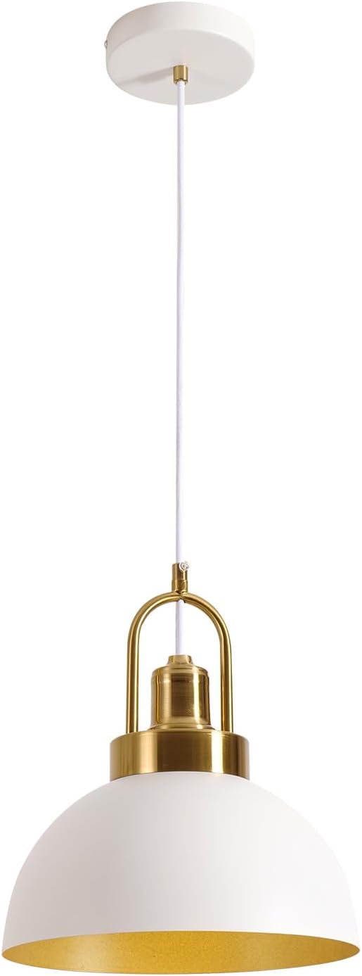 Vintage Pendant Light White and Gold Pendant Light with 9.84 Inch Round Dome, Brass Socket, and 78.74 Inch Cord - Perfect for Kitchen Island, Dining Room, Hallway