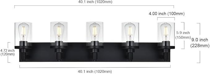 Black Modern Vanity Light for Bathroom,5-Light Bathroom Lighting Fixtures Over Mirror with Clear Glass Shade Wall Mount Light Fixture, E26 Metal Wall Lights for Hallway Kitchen Living Room