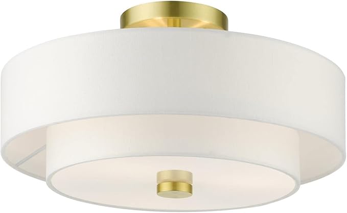 Livex Lighting 51044-12 Meridian Collection 3-Light Semi Flush Mount Ceiling Light with Off-White Hardback Fabric Shade, Satin Brass 15 x 15 x 8.25