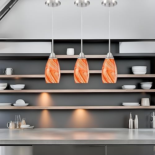 Viinew Mini Glass Pendant Light 4.72" with Handblown Orange Marble Art Glass Hanging Light 3-Pack Oval Ceiling Hanging Light Fixture for Dining Room Kitchen Island Cafe Foyer Hallway