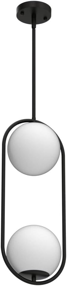 BYOLIIMA 2-Lights Modern Globe Chandelier Mid Century Pendant Light Matte Black Ceiling Hanging Lighting Fixture with White Globe Glass Lampshade for Kitchen Island Dining Room Bedroom