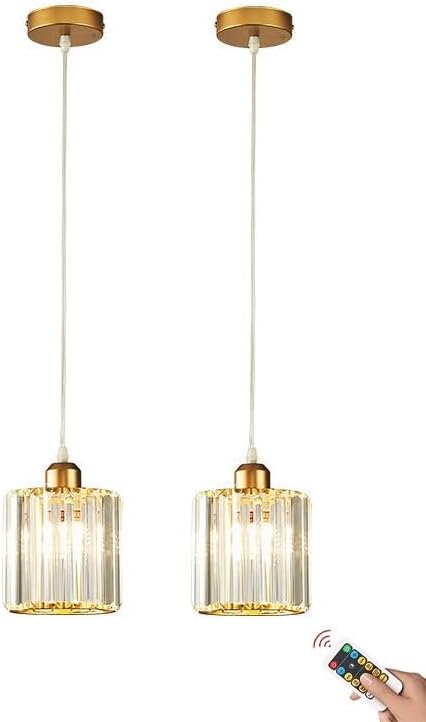 Rechargeable Wireless Battery Operated Pendant Light with Bulb & Remote, Battery Powered Pendant Lamp Cordless Crystal Glass Chandelier Ceiling Hanging Lighting for Kitchen Island Dining Table Bedroom