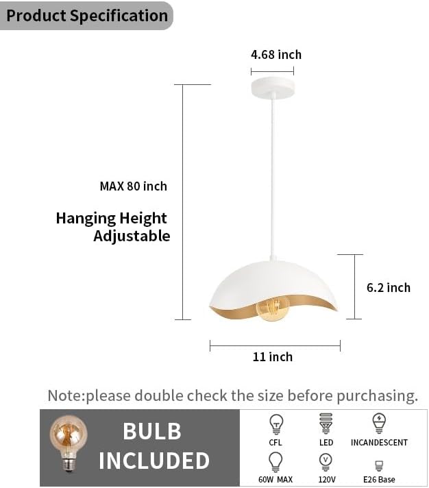 Modern Wave Pendant Light, 11" White and Gold Dome Shade, LED Ceiling Light Fixture with Globe Bulb, Contemporary Hanging Light for Kitchen, Dining Room, Bedroom (2 Pack)