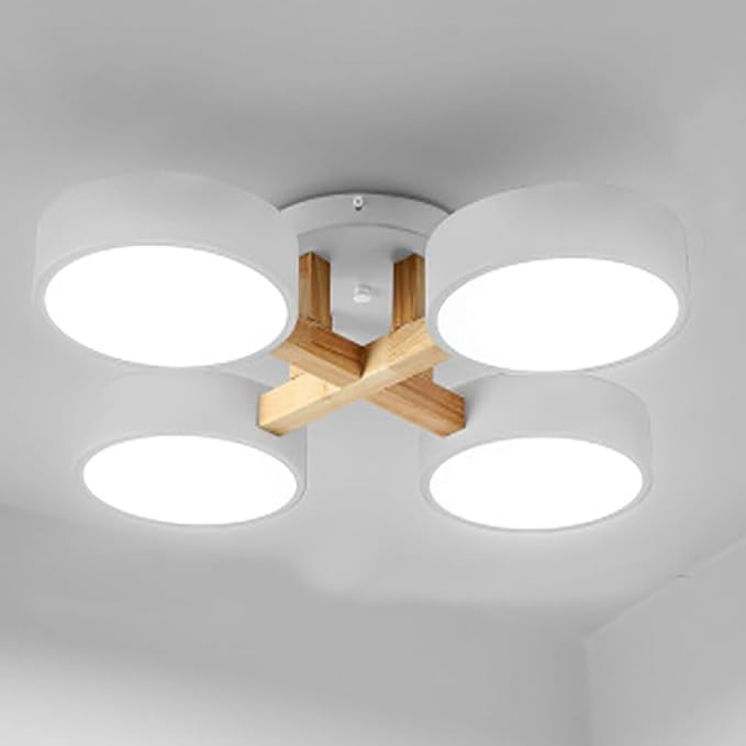 LED Ceiling Light Fixture,24 Inch 4-Lights Modern Ceiling Lights Flush Mount Wooden 44W Chandelier for Living Room Bedroom Kitchen,Dimmable 3000K/4000K/6000K Temperatures Selectable, White