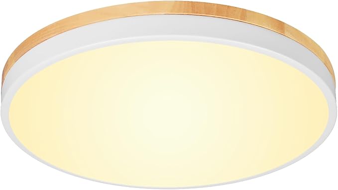 12 Inch Wood LED Flush Mount Ceiling Light Fixtures 5CCT 2700-5000K 24W Dimmable | Overhead Light | Round | White | Ceiling Lamp | Bathroom | Bedroom | Kitchen | Hallway | Laundry Room