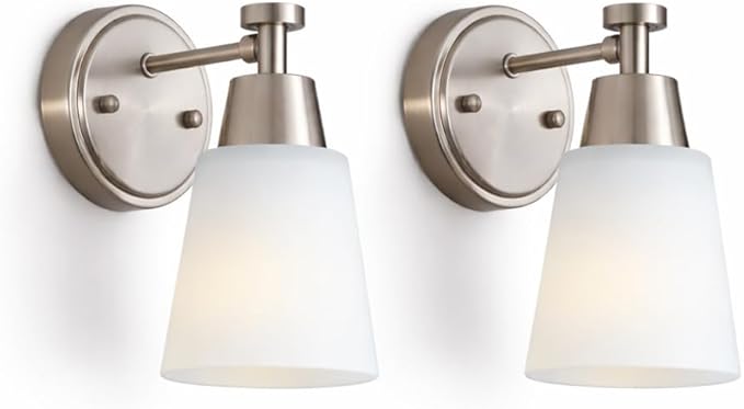 1-Light Bathroom Vanity Light Set of 2, Brushed Nickel Finish Wall Sconce with Milk Glass, Over Mirror, for Bathroom Vanity